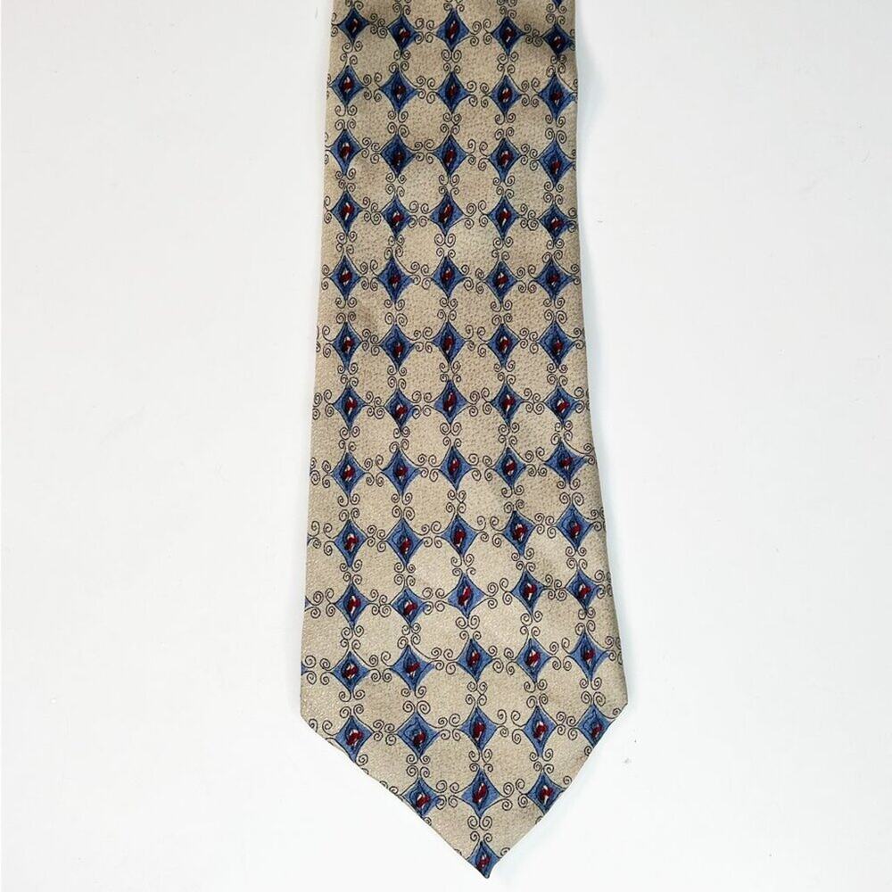 Jerry J. Garcia Geometric Print Mens Neck Tie Beige Blue Burgundy 100% Silk